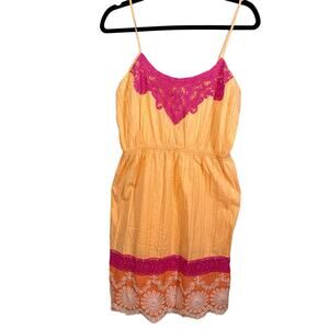 Flying Tomato, Size Large, Orange & Pink Slip Dress, Crochet Trim, Y2K, Dopamine